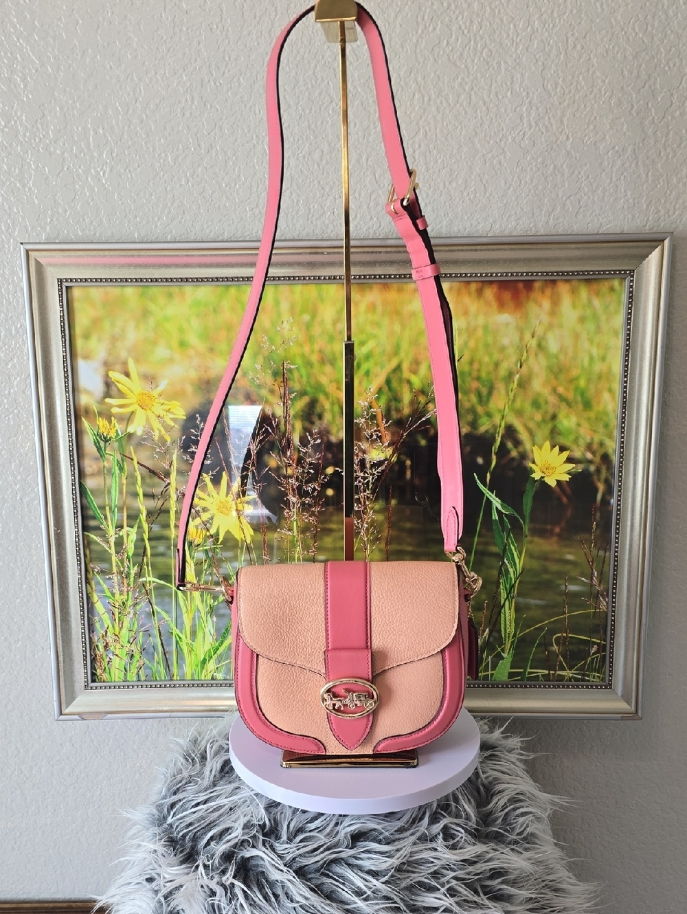 Coach Georgie Saddle Bag Pink & Tan Pebble Leather Crossbody Pink Tan Gold EU - Picture 12 of 15